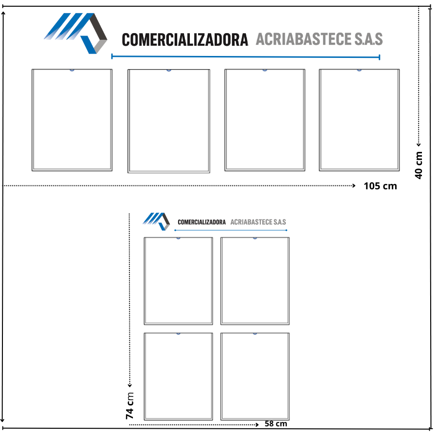 Cartelera acrílica de 4 Bolsillos tamaño carta de Comercializadora Acriabastece SAS, modelo 80x80 cm para exhibición de documentos.