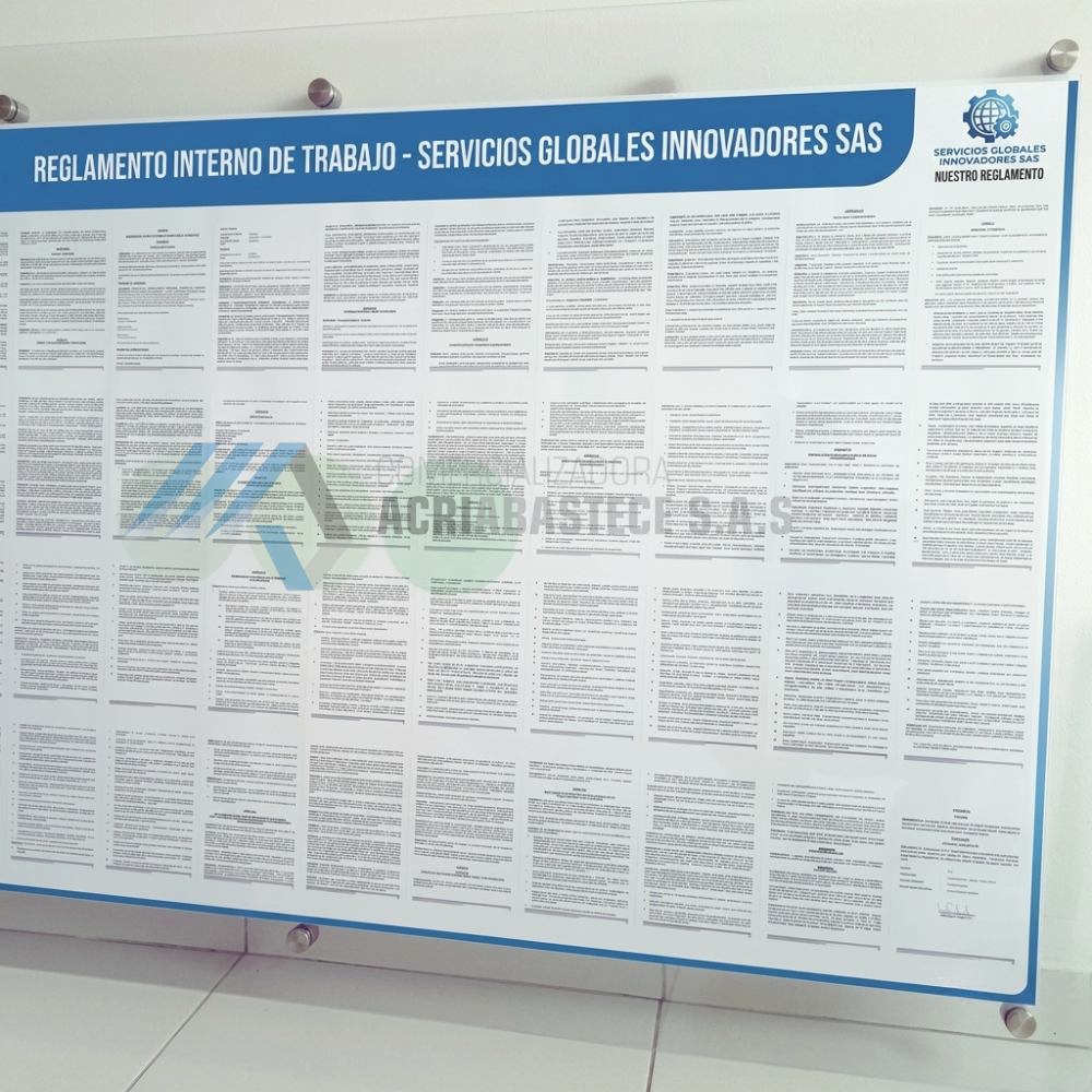 Cartelera para reglamento interno de trabajo en acrílico con dilatadores metálicos fabricada en Bogotá por Comercializadora Acriabastece.