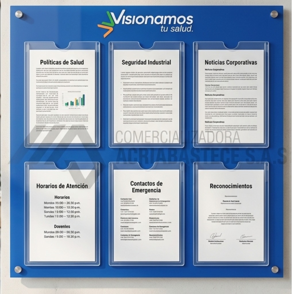 Cartelera corporativa azul con seis bolsillos acrílicos intercambiables para anuncios de oficina, fabricada por Comercializadora Acriabastece SAS en Bogotá