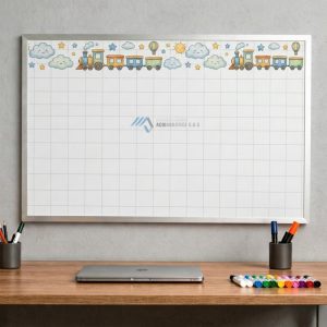 Tablero infantil borrable para niños con diseño didáctico de tren y cuadrícula, ideal para habitaciones infantiles y jardines, fabricado por Comercializadora Acriabastece SAS