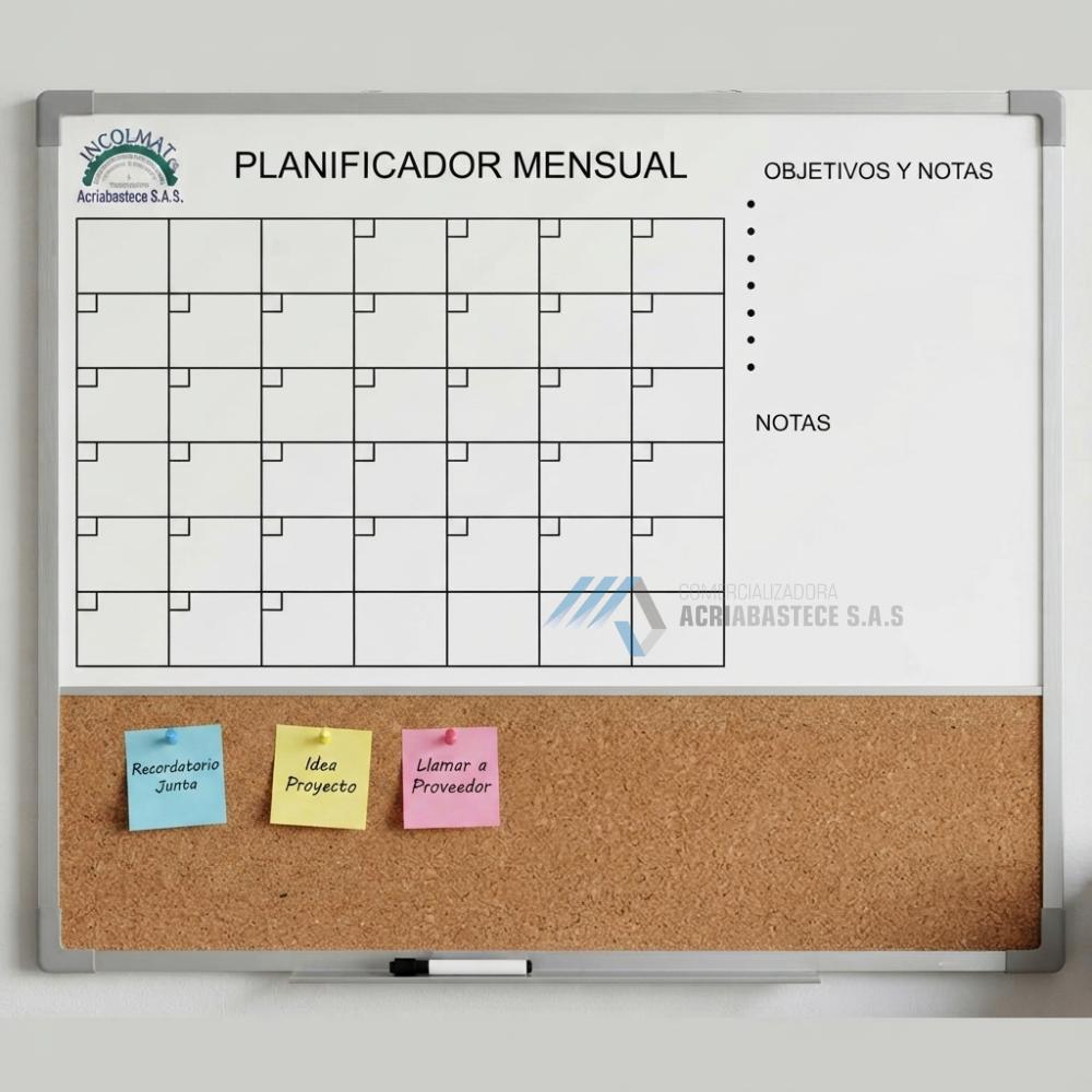 Tablero mixto con corcho y acrílico para planeación mensual y carteleras de corcho en Bogotá